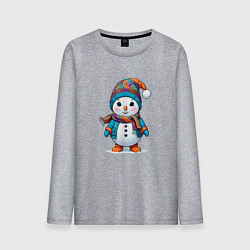 Лонгслив хлопковый мужской Снеговик в шапочке и с шарфом, цвет: меланж