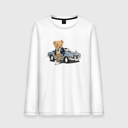 Лонгслив хлопковый мужской Плюшевый медвежонок и автомобиль, цвет: белый