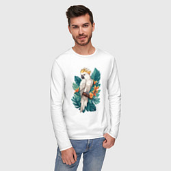Лонгслив хлопковый мужской Попугай какаду и тропические листья, цвет: белый — фото 2