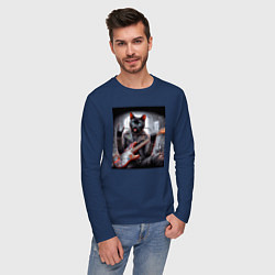 Лонгслив хлопковый мужской Чёрный котяра рок гитарист, цвет: тёмно-синий — фото 2
