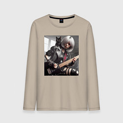 Мужской лонгслив Девчонка рок гитарист с чёрным котом