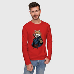 Лонгслив хлопковый мужской Собака Сиба-ину самурай, цвет: красный — фото 2