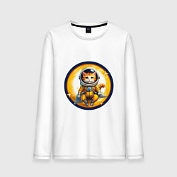 Лонгслив хлопковый мужской Кошка на космической подушке в скафандре, цвет: белый