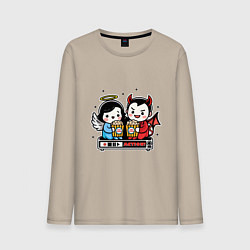 Лонгслив хлопковый мужской Ангел и чертик с попкорном, цвет: миндальный