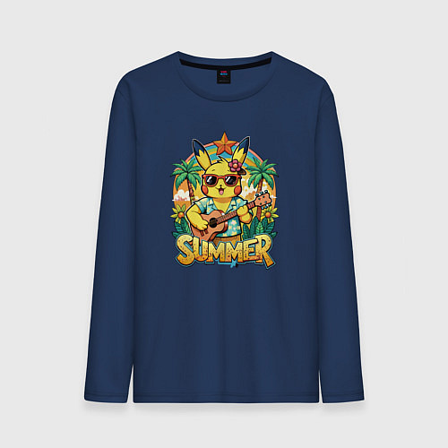 Мужской лонгслив Пикачу с гитарой на гаваях - жаркое лето / Тёмно-синий – фото 1