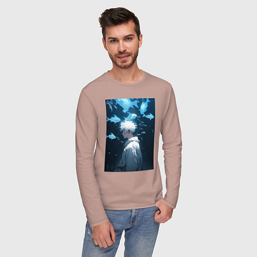 Мужской лонгслив Магическая битва Сатору Годзё арт рыбы / Пыльно-розовый – фото 3