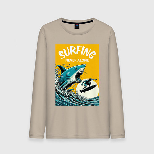 Мужской лонгслив Акула и серфер - нейросеть / Миндальный – фото 1