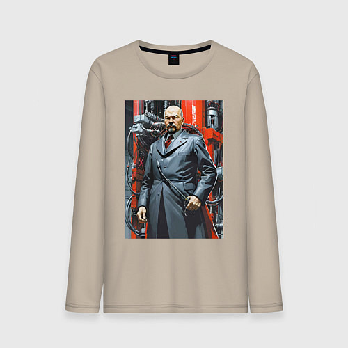 Мужской лонгслив Ленин в кожанке - киберпанк / Миндальный – фото 1