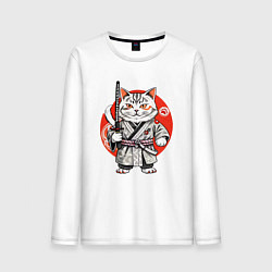 Лонгслив хлопковый мужской Ниндзя кот с саблей красное солнце, цвет: белый