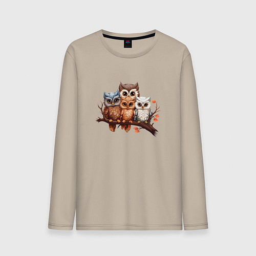 Мужской лонгслив Четыре совы на ветке / Миндальный – фото 1