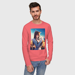 Лонгслив хлопковый мужской Волчица и пряности Холо в поле, цвет: коралловый — фото 2