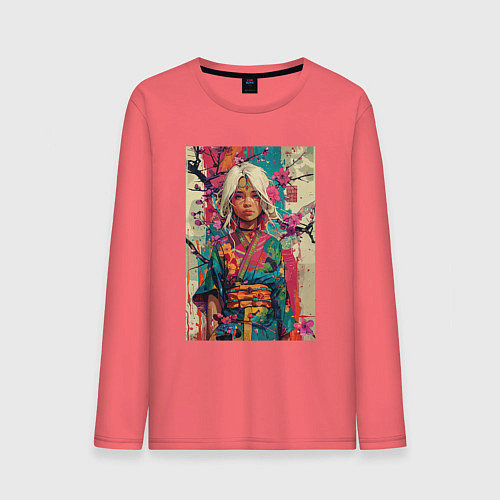 Мужской лонгслив Белокурая индейская девушка в японском кимоно - жи / Коралловый – фото 1