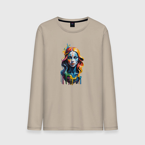 Мужской лонгслив Портрет арт маслом девушка с голубыми каплями / Миндальный – фото 1