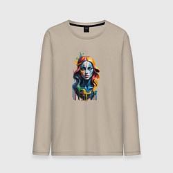 Лонгслив хлопковый мужской Портрет арт маслом девушка с голубыми каплями, цвет: миндальный