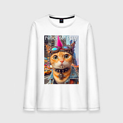 Лонгслив хлопковый мужской Котёнок панк музыкант из Нью-Йорка - нейросеть, цвет: белый