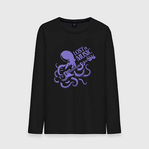 Мужской лонгслив Осьминог играет на бас гитаре ретро винтаж / Черный – фото 1