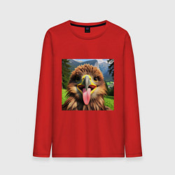 Лонгслив хлопковый мужской Забавный орел с высунутым языком в горах, цвет: красный