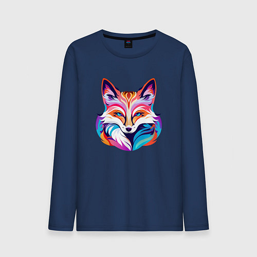 Мужской лонгслив Яркий разноцветный портрет лисы / Тёмно-синий – фото 1