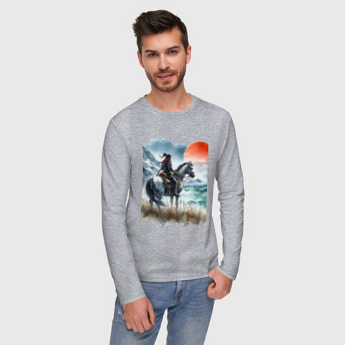 Мужской лонгслив Японский самурай на коне - нейросеть / Меланж – фото 3