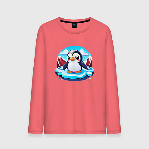 Мужской лонгслив Пингвинёнок на льдине / Коралловый – фото 1