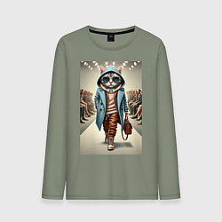 Лонгслив хлопковый мужской Модный кот в очках на дефиле животных, цвет: авокадо