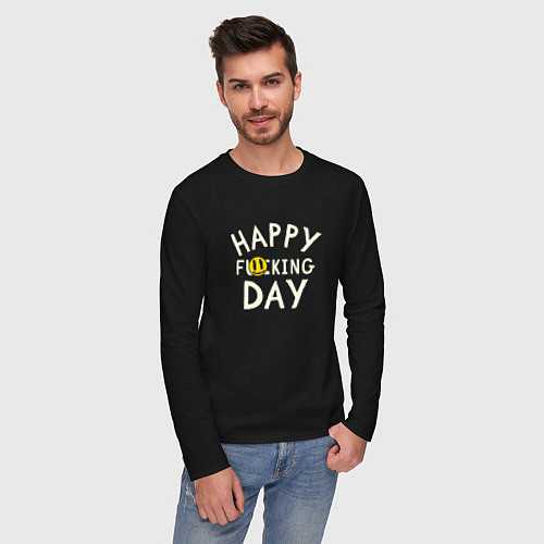 Мужской лонгслив Happy f**king day - надпись и смайл / Черный – фото 3