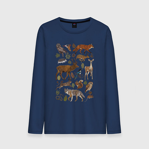 Мужской лонгслив Лесные животные и птицы / Тёмно-синий – фото 1