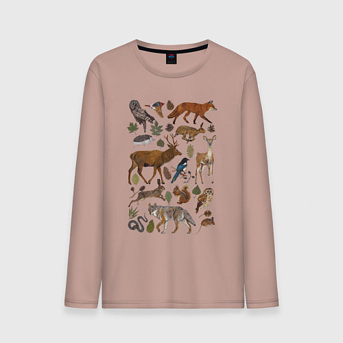 Мужской лонгслив Лесные животные и птицы / Пыльно-розовый – фото 1