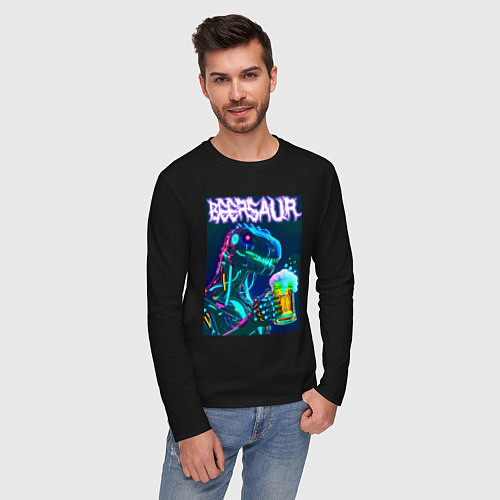 Мужской лонгслив Neon cyber beersaur - neon glow fantasy / Черный – фото 3