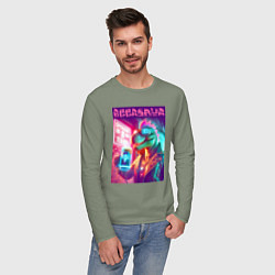 Лонгслив хлопковый мужской Cool dude Dino with a mug of beer - ai art, цвет: авокадо — фото 2