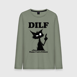 Лонгслив хлопковый мужской DILF damn I love felines, цвет: авокадо