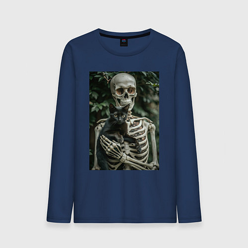 Мужской лонгслив Скелет с черным котом / Тёмно-синий – фото 1