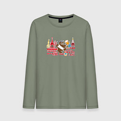 Лонгслив хлопковый мужской Медведь в шапке - запад лохи, штаты дуры, цвет: авокадо