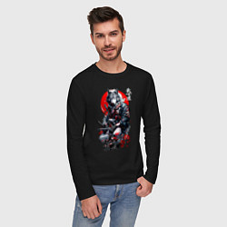 Лонгслив хлопковый мужской Волк самурай - гравюра, цвет: черный — фото 2