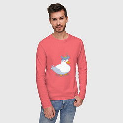 Лонгслив хлопковый мужской Милая уточка гусь с цветочком на голове, цвет: коралловый — фото 2
