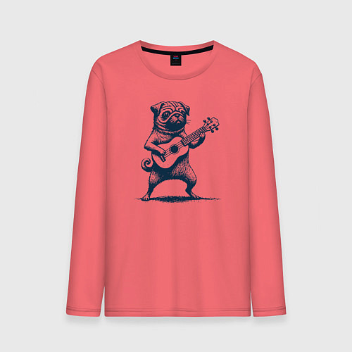 Мужской лонгслив Мопс с гитарой укулеле / Коралловый – фото 1