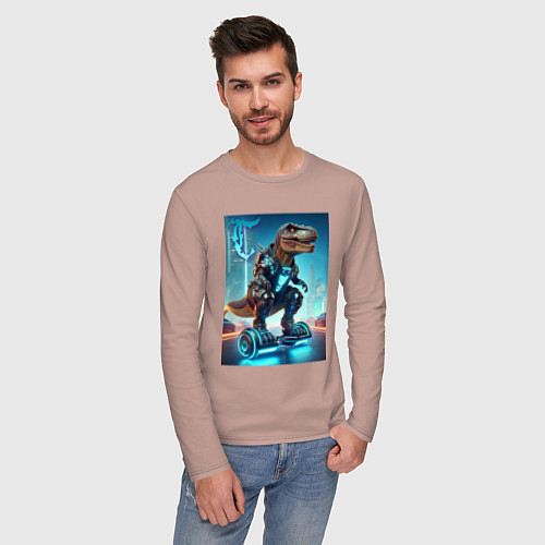 Мужской лонгслив Cyber tyrannosaur on a hoverboard - neon glow fant / Пыльно-розовый – фото 3