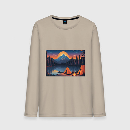 Мужской лонгслив Палатка на берегу озера / Миндальный – фото 1