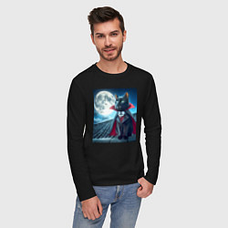 Лонгслив хлопковый мужской Чёрный кот вампир - хэллоуин, цвет: черный — фото 2