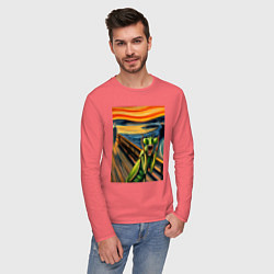 Лонгслив хлопковый мужской Богомол кричит на картине Эдварда Мунка - мем иску, цвет: коралловый — фото 2