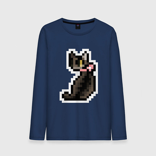 Мужской лонгслив Милая пиксельная кошка с розовым ошейником / Тёмно-синий – фото 1