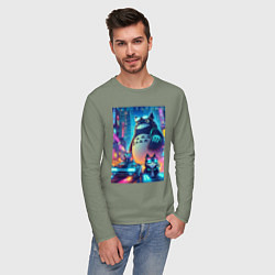 Лонгслив хлопковый мужской Totoro and cats - cyberpunk, цвет: авокадо — фото 2