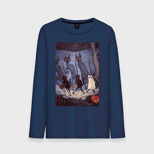 Мужской лонгслив Коты на хэллоуин / Тёмно-синий – фото 1