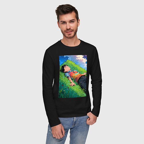 Мужской лонгслив Аниме мальчик на траве / Черный – фото 3