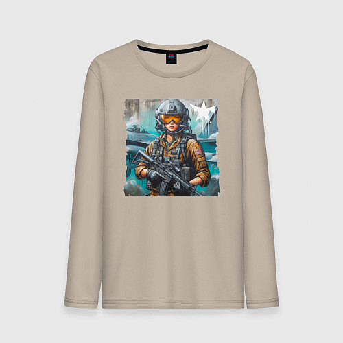 Мужской лонгслив Девушка пилот с винтовкой - нейроарт / Миндальный – фото 1