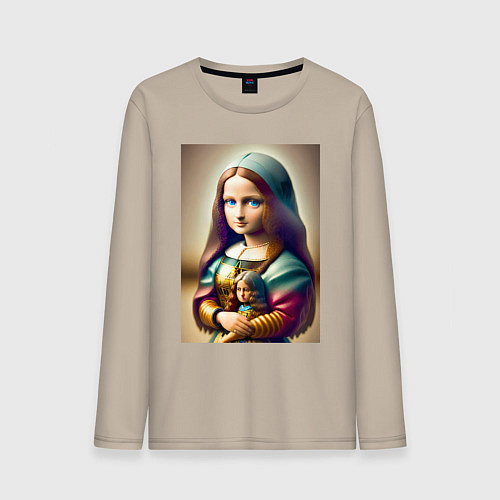 Мужской лонгслив Маленькая Мона Лиза в детстве с куклой - нейроарт / Миндальный – фото 1