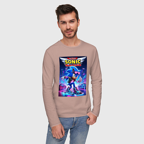 Мужской лонгслив Sonic racing team - hedgehog on a board / Пыльно-розовый – фото 3