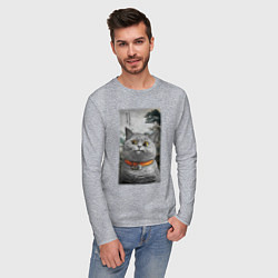Лонгслив хлопковый мужской Мемный кот в японском стиле, цвет: меланж — фото 2
