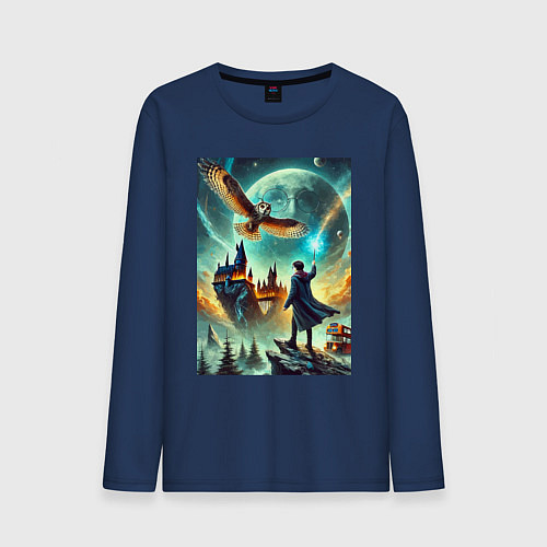 Мужской лонгслив Harry Potter and owl - Hogwarts / Тёмно-синий – фото 1