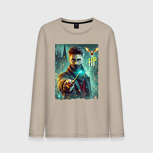 Мужской лонгслив Harry Potter with a magic wand - ai art fantasy / Миндальный – фото 1